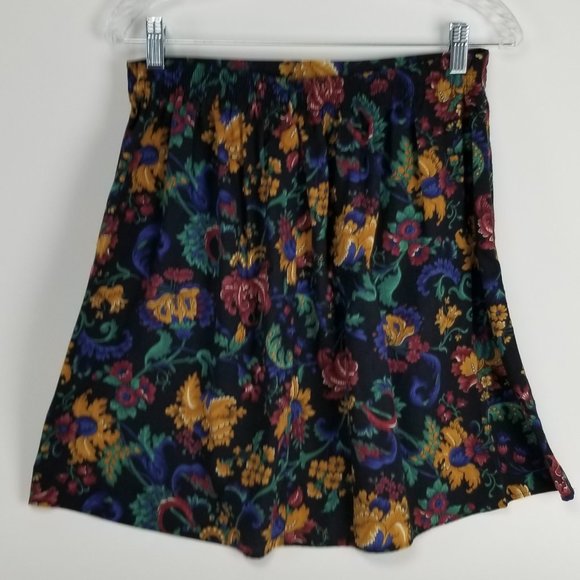 Black Mini Skirt Multi Color Floral Print Size 10 - Picture 2 of 3